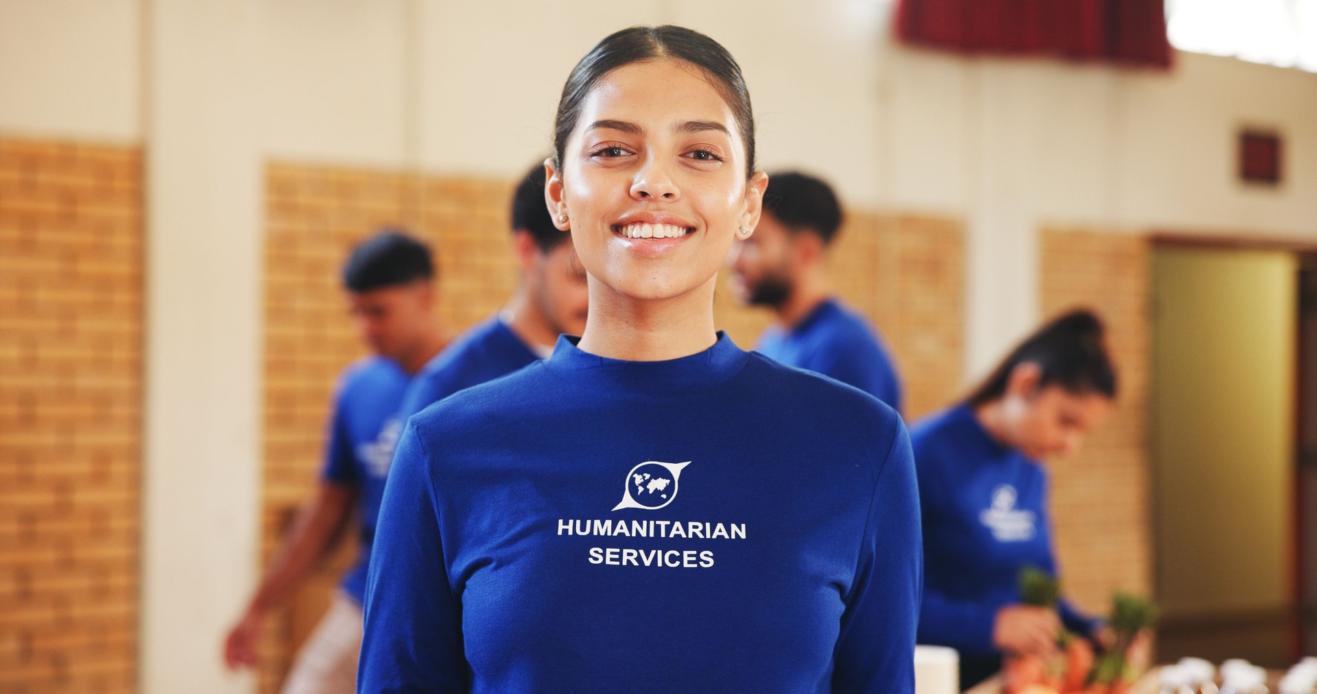 Portrait, woman and volunteer for humanitarian NGO, aid or help with community service. Social responsibility, donation campaign or food bank with person for outreach, charity and welfare